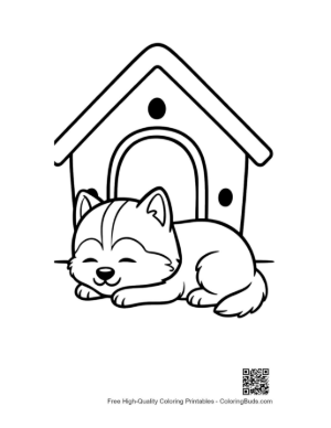 Thumbnail: Husky Puppy Sleeping Peacefully Inside Its Doghouse Cozy Pet Coloring Page Printable