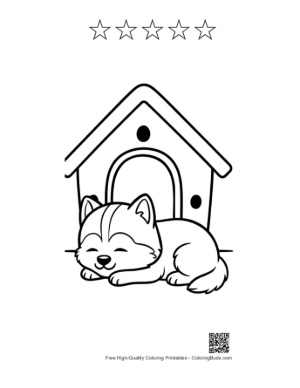 Thumbnail: Husky Puppy Sleeping Peacefully Inside Its Doghouse Cozy Pet Coloring Page Printable and 5 Star Outline
