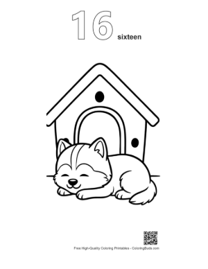 Thumbnail: Husky Puppy Sleeping Peacefully Inside Its Doghouse Cozy Pet Coloring Page Printable Outline Number 16