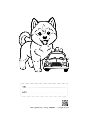 Thumbnail: Husky Puppy Standing by a Tiny Police Cruiser Adorable Puppy Coloring Page Printable with Title and Artist Box
