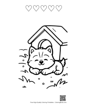 Thumbnail: Husky Puppy Taking a Nap by Its Pet Shelter Adorable Animal Coloring Printable and 5 Heart Outline
