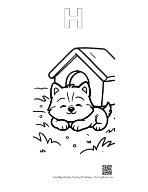 Thumbnail: Husky Puppy Taking a Nap by Its Pet Shelter Adorable Animal Coloring Printable Outline Alphabet H