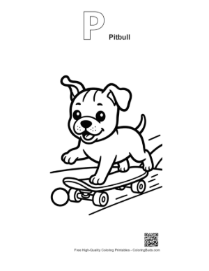 Thumbnail: Athletic Pitbull Puppy Balancing on a Skateboard Energetic Pet Coloring Book Printable Outline Alphabet P Pitbull