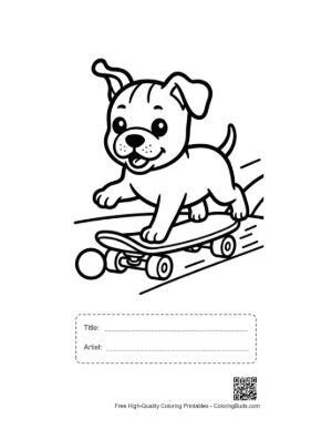 Thumbnail: Athletic Pitbull Puppy Balancing on a Skateboard Energetic Pet Coloring Book Printable with Title and Artist Box