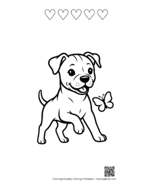Thumbnail: Curious Pitbull Puppy Playing with Two Butterflies Adorable Animal Line Art Printable and 5 Heart Outline