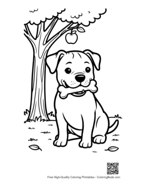 Thumbnail: Cute Pitbull Puppy Sitting Under an Apple Tree with a Bone Coloring Page for Kids Printable