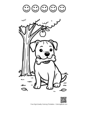 Thumbnail: Cute Pitbull Puppy Sitting Under an Apple Tree with a Bone Coloring Page for Kids Printable and 5 Happy Face Outline