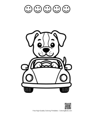 Thumbnail: Pitbull Puppy Driving a Small Toy Car Puppy Road Trip Adventure Coloring Printable and 5 Happy Face Outline