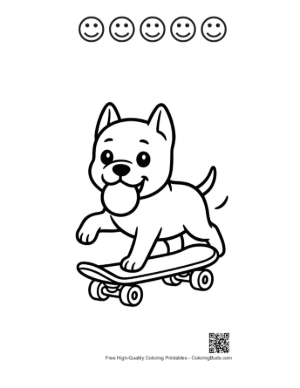 Thumbnail: Pitbull Puppy Having Fun on a Skateboard Cute Cartoon Dog Coloring Sheet Printable and 5 Happy Face Outline