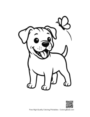 Thumbnail: Playful Pitbull Puppy Chasing a Butterfly in the Yard Spring Coloring Page Printable