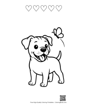 Thumbnail: Playful Pitbull Puppy Chasing a Butterfly in the Yard Spring Coloring Page Printable and 5 Heart Outline