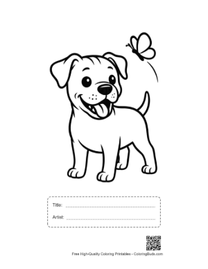 Thumbnail: Playful Pitbull Puppy Chasing a Butterfly in the Yard Spring Coloring Page Printable with Title and Artist Box