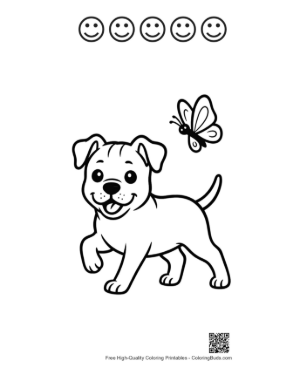Thumbnail: Smiling Pitbull Puppy Surrounded by Butterflies Cheerful Puppy Coloring Sheet Printable and 5 Happy Face Outline