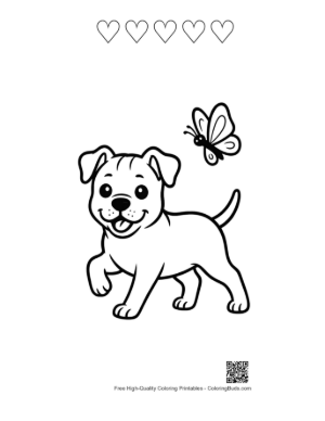 Thumbnail: Smiling Pitbull Puppy Surrounded by Butterflies Cheerful Puppy Coloring Sheet Printable and 5 Heart Outline