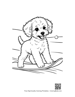 Thumbnail: Active Poodle Puppy Snowboarding Down a Snowy Hill Winter Sports Coloring Printable