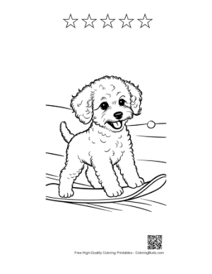 Thumbnail: Active Poodle Puppy Snowboarding Down a Snowy Hill Winter Sports Coloring Printable and 5 Star Outline