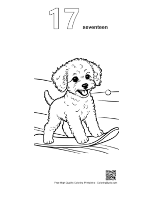 Thumbnail: Active Poodle Puppy Snowboarding Down a Snowy Hill Winter Sports Coloring Printable Outline Number 17