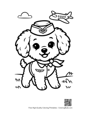 Thumbnail: Brave Poodle Puppy Pilot with a Scarf Adventurous Pet Line Drawing Printable