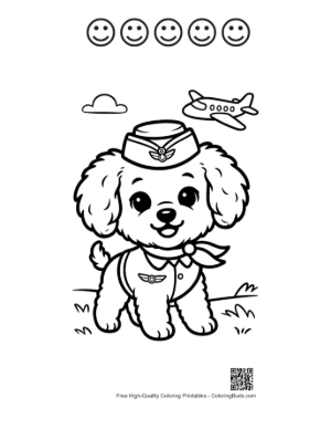 Thumbnail: Brave Poodle Puppy Pilot with a Scarf Adventurous Pet Line Drawing Printable and 5 Happy Face Outline