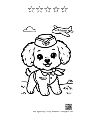 Thumbnail: Brave Poodle Puppy Pilot with a Scarf Adventurous Pet Line Drawing Printable and 5 Star Outline