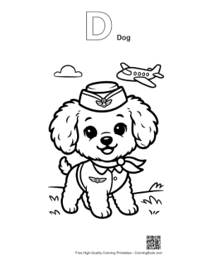 Thumbnail: Brave Poodle Puppy Pilot with a Scarf Adventurous Pet Line Drawing Printable Outline Alphabet D Dog