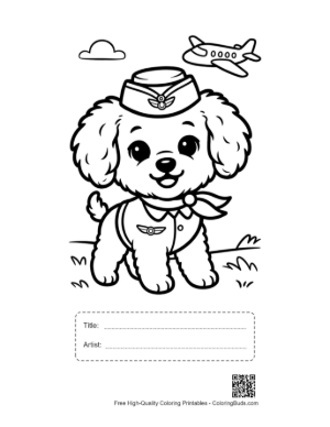 Thumbnail: Brave Poodle Puppy Pilot with a Scarf Adventurous Pet Line Drawing Printable with Title and Artist Box