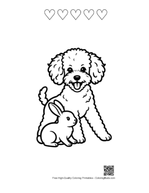 Thumbnail: Cheerful Poodle and Bunny Standing Together Printable and 5 Heart Outline