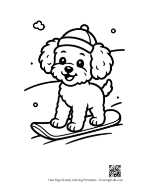Thumbnail: Cool Poodle Puppy Wearing a Beanie on a Snowboard Chilly Puppy Line Art Printable