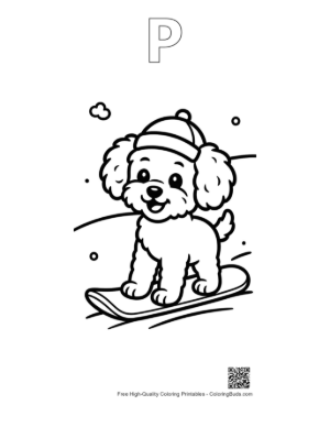 Thumbnail: Cool Poodle Puppy Wearing a Beanie on a Snowboard Chilly Puppy Line Art Printable Outline Alphabet P