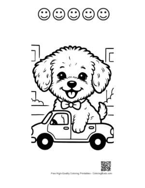 Thumbnail: Fun Poodle Puppy Steering a Convertible Car Cute Dog Traveler Coloring Printable and 5 Happy Face Outline
