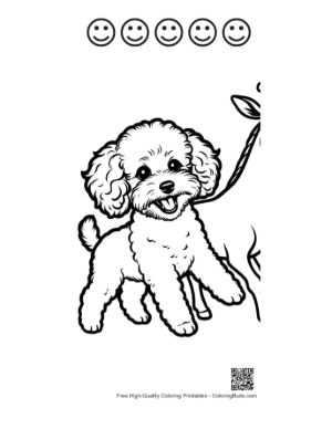 Thumbnail: Happy Poodle Puppy on Leash Coloring Page Printable and 5 Happy Face Outline