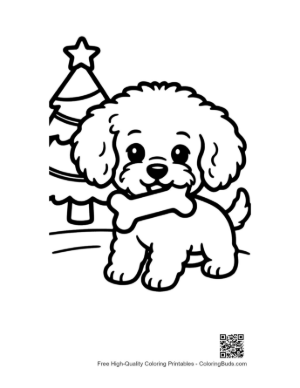 Thumbnail: Happy Poodle Puppy with a Bone Sitting by a Christmas Tree Merry Puppy Coloring Printable
