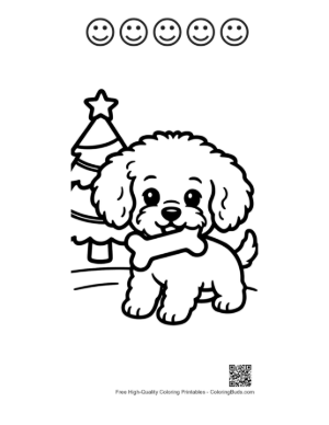 Thumbnail: Happy Poodle Puppy with a Bone Sitting by a Christmas Tree Merry Puppy Coloring Printable and 5 Happy Face Outline