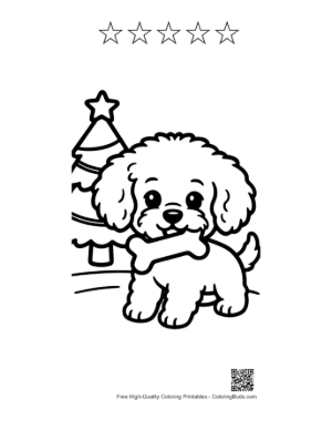 Thumbnail: Happy Poodle Puppy with a Bone Sitting by a Christmas Tree Merry Puppy Coloring Printable and 5 Star Outline