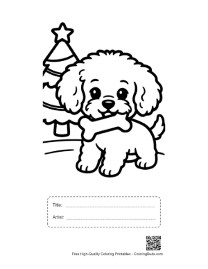 Thumbnail: Happy Poodle Puppy with a Bone Sitting by a Christmas Tree Merry Puppy Coloring Printable with Title and Artist Box