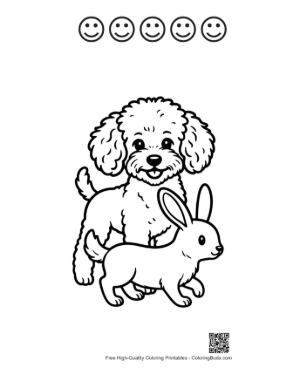 Thumbnail: Playful Poodle and Bunny Coloring Page Printable and 5 Happy Face Outline