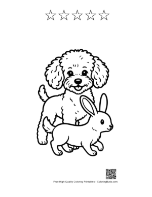 Thumbnail: Playful Poodle and Bunny Coloring Page Printable and 5 Star Outline