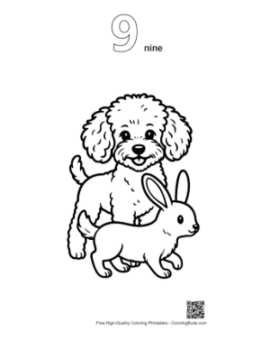 Thumbnail: Playful Poodle and Bunny Coloring Page Printable Outline Number 9