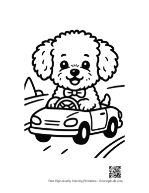 Thumbnail: Poodle Puppy Enjoying a Ride in a Cartoon Car - Happy Puppy Road Trip Art Printable