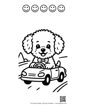 Thumbnail: Poodle Puppy Enjoying a Ride in a Cartoon Car - Happy Puppy Road Trip Art Printable and 5 Happy Face Outline