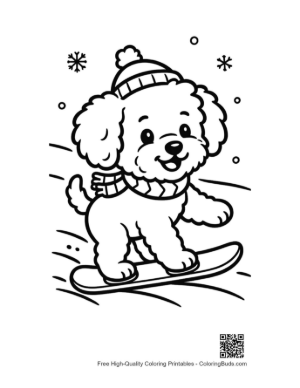 Thumbnail: Poodle Puppy with a Winter Hat on a Snowboard Seasonal Pet Coloring Page Printable