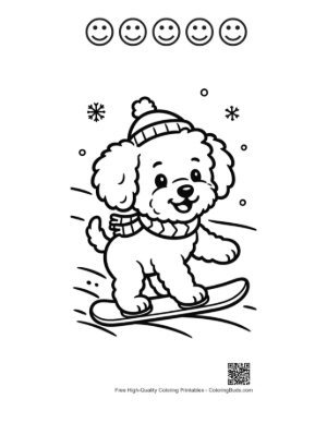 Thumbnail: Poodle Puppy with a Winter Hat on a Snowboard Seasonal Pet Coloring Page Printable and 5 Happy Face Outline