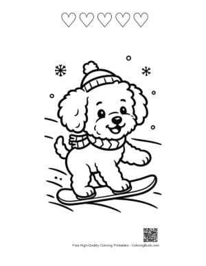 Thumbnail: Poodle Puppy with a Winter Hat on a Snowboard Seasonal Pet Coloring Page Printable and 5 Heart Outline