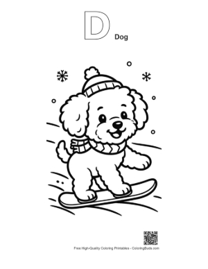 Thumbnail: Poodle Puppy with a Winter Hat on a Snowboard Seasonal Pet Coloring Page Printable Outline Alphabet D Dog