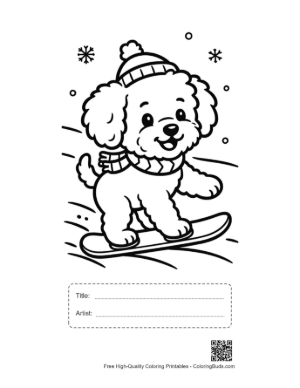 Thumbnail: Poodle Puppy with a Winter Hat on a Snowboard Seasonal Pet Coloring Page Printable with Title and Artist Box
