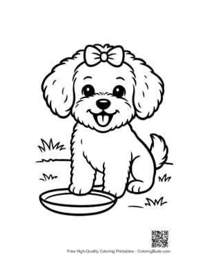 Thumbnail: Small Poodle Puppy Looking at Its Water Dish - Thirsty Puppy Line Art Printable