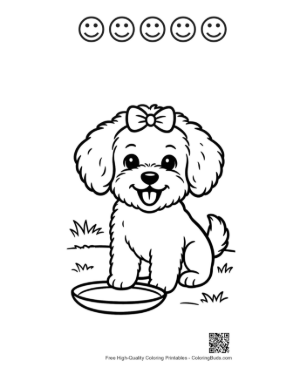Thumbnail: Small Poodle Puppy Looking at Its Water Dish - Thirsty Puppy Line Art Printable and 5 Happy Face Outline
