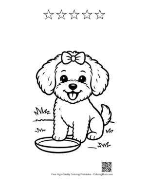 Thumbnail: Small Poodle Puppy Looking at Its Water Dish - Thirsty Puppy Line Art Printable and 5 Star Outline