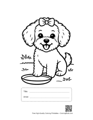 Thumbnail: Small Poodle Puppy Looking at Its Water Dish - Thirsty Puppy Line Art Printable with Title and Artist Box