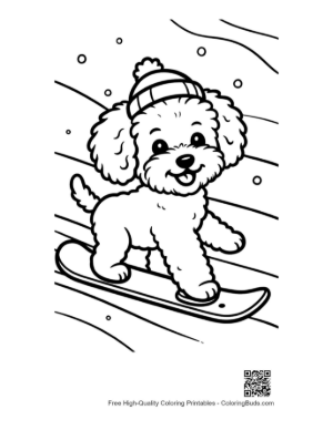 Thumbnail: Smiling Poodle Puppy Snowboarding in the Winter Sun - Puppy Athlete Drawing Printable